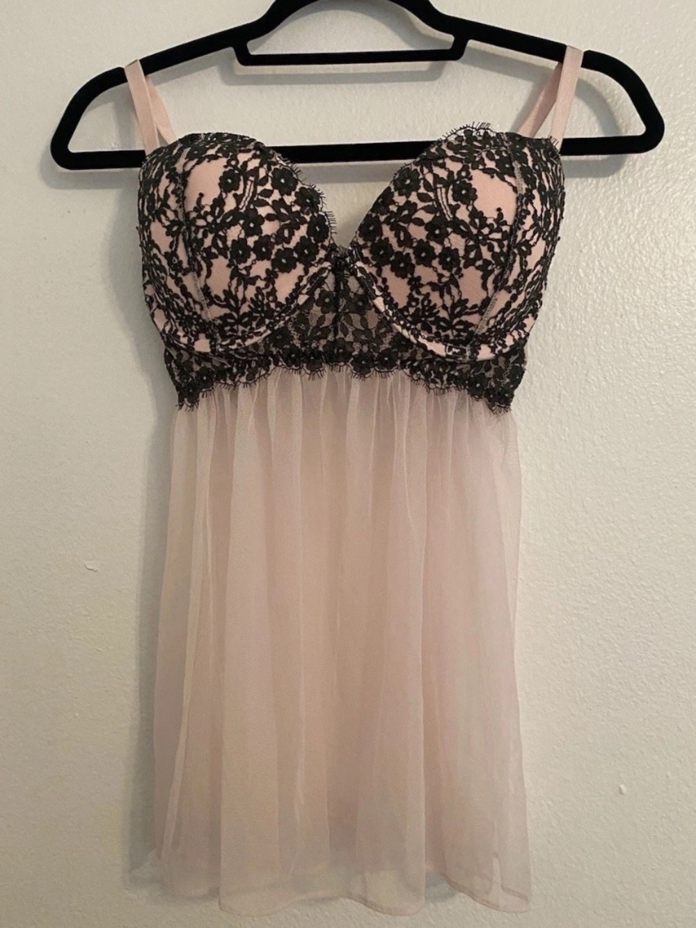 Victoria's Secret Blush Pink Chemise with Black Lace Overlay 36D No Panty